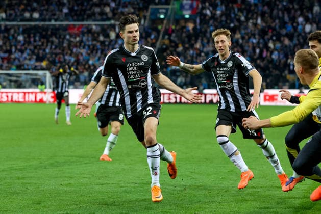 Udinese s Jurgen Ekkelenkamp celebrates after scoring a goal during the Italian Soccer Serie A match between Udinese Calcio vs SSC Napoli at the Bluenergy Stadium in Udine, Italy, 14 december 2025  Copyright: xGabrielexMenis IPAxSportx xipa-agency.netx xx IPA_69151180 IPA_Agency_IPA69151180