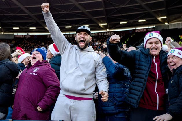LONDON, ENGLAND - DECEMBER 14: Fans of Aston Villa celebrate goal during the Premier League match between West Ham United and Aston Villa at London Stadium on December 14, 2025 in London, England. SPO 