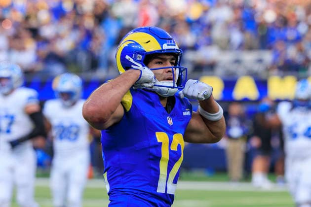 December 14, 2025, Inglewood, California, USA: 12 Puka Nacua, WR of the Los Angeles Rams reacts after scoring a touchdown during their regular NFL, American Football Herren, USA season game against the Detroit Lions on Sunday December 14, 2025 at SoFi Stadium in Inglewood, California. ARIANA RUIZ PI Inglewood USA - ZUMAp124 20251214_zaa_p124_029 Copyright: xArianaxRuizx
