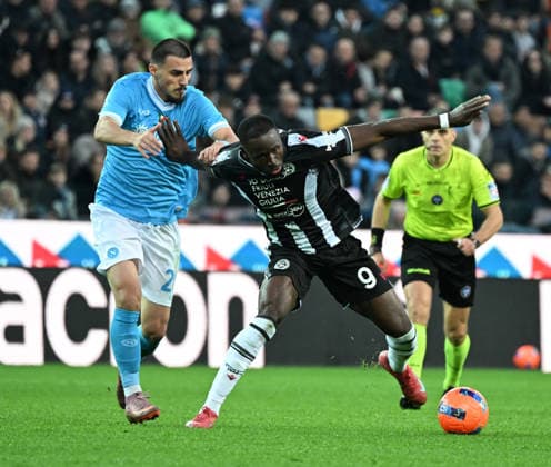 (251215) -- UDINE, Dec. 15, 2025 -- Udinese s Keinan Davis (C) vies with Napoli s Eljif Elmas during a Serie A football match between Udinese and Napoli in Udine, Italy, Dec.14, 2025. (Photo by Xinhua) (SP)ITALY-UDINE-FOOTBALL-SERIE A- UDINESE VS NAPOLI DiegoxPetrussi 