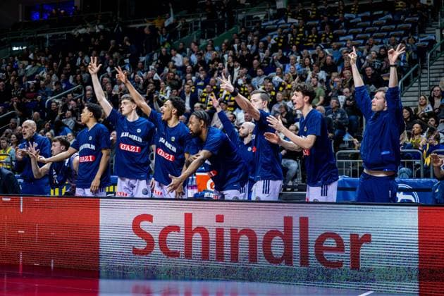 Basketball Berlin 16.12.2025 Saison 2025 2026 Basketball Champions League (BCL) Alba Berlin - Sabah BC Baku Jubel Alba Alex O Connell (Alba Berlin, No.03) Jack Kayil (Alba Berlin, No.07) Anton Nufer (Alba Berlin, No.20) Matheo hermann (Alba Berlin, No.02) J wan Roberts (Alba Berlin, No.13) Justin Bean (Alba Berlin, No.34) Richard Schmitt (Alba Berlin, No.25) vlnr.