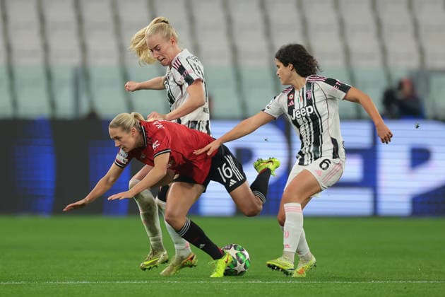 Turin, Italy, 17th December 2025. Lisa Naalsund of Manchester United, ManU clashes with Amalie Jorgensen Vangsgaard and Eva Schatzer of Juventus during the Juventus Women vs Manchester United Women UEFA Womens Champions League match at Juventus Stadium, Turin. Picture credit should read: Jonathan Moscrop Sportimage EDITORIAL USE ONLY. No use with unauthorised audio, video, data, fixture lists, club league logos or live services. Online in-match use limited to 120 images, no video emulation. No use in betting, games or single club league player publications. SPI_012_JM_JUVE_MANUTD_UWCL SPI-4364-0012