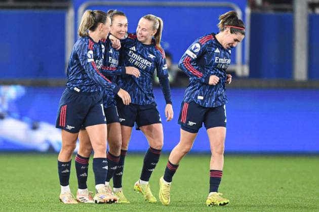 Arsenal?s Caitlin Foord celebrates after scoring during a soccer match between Oud-Heverlee Leuven Women and English Arsenal, Wednesday 17 December 2025 in Heverlee, game 6 (out of 6) in the league phase of the UEFA Women s Champions League competition. JILLxDELSAUX  x149659716x