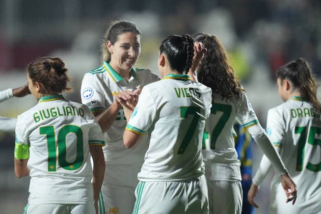 AS Roma s Evelyne Viens celebrates after scoring during the Uefa Women™s Champions League soccer match between Roma and St. Pölten at the Rome s Tre Fontane stadium, Italy - Wednesday December 17, 2025 - Soccer ( Photo by Alfredo Falcone LaPresse )  Copyright: xAlfredoxFalcone LaPressex