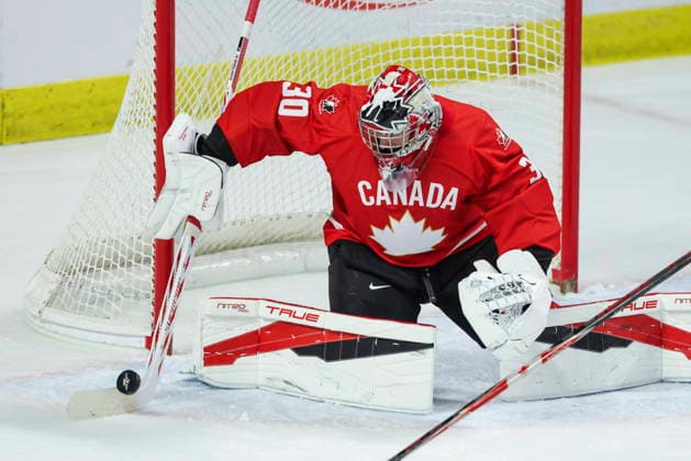 December 17, 2025, Kitchener, On, Canada: Canada goaltender Carter George (30) makes a save against Sweden during first period IIHF World Junior Hockey Championship pre-tournament action in Kitchener, Ont. on Wednesday, December 17, 2025. Canada News - December 17, 2025  - ZUMAc35_ 20251217_zaf_c35_039 Copyright: xNickxIwanyshynx