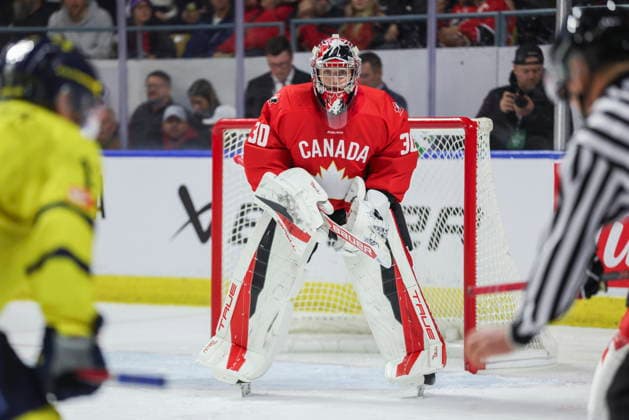 December 17, 2025, Kitchener, On, Canada: Canada goaltender Carter George (30) watches play during third period IIHF World Junior Hockey Championship pre-tournament action against Sweden in Kitchener, Ont. on Wednesday, December 17, 2025. Canada News - December 17, 2025  - ZUMAc35_ 20251217_zaf_c35_051 Copyright: xNickxIwanyshynx