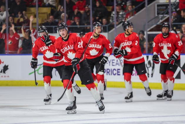 December 17, 2025, Kitchener, On, Canada: Canada s Brady Martin (28) leads his teammates to the bench after scoring a goal against Sweden in the third period during IIHF World Junior Hockey Championship pre-tournament action in Kitchener, Ont. on Wednesday, December 17, 2025. Canada News - December 17, 2025  - ZUMAc35_ 20251217_zaf_c35_054 Copyright: xNickxIwanyshynx