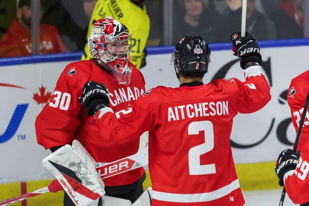 December 17, 2025, Kitchener, On, Canada: Canada goaltender Carter George (30) celebrates with teammate Kashawn Aitcheson (2) following their IIHF World Junior Hockey Championship pre-tournament win against Sweden in Kitchener, Ont. on Wednesday, December 17, 2025. Canada News - December 17, 2025  - ZUMAc35_ 20251217_zaf_c35_058 Copyright: xNickxIwanyshynx