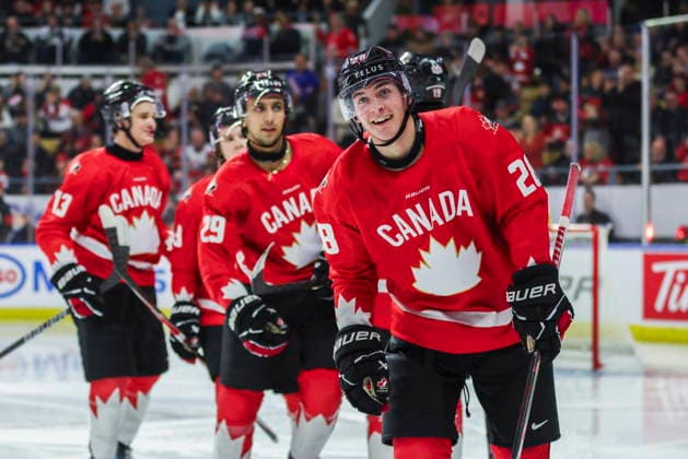 December 17, 2025, Kitchener, On, Canada: Canada s Brady Martin (28) leads teammates toward the bench following his goal during second period IIHF World Junior Hockey Championship pre-tournament action against Sweden in Kitchener, Ont. on Wednesday, Dec. 17, 2025. Canada News - December 17, 2025  - ZUMAc35_ 20251217_zaf_c35_063 Copyright: xNickxIwanyshynx