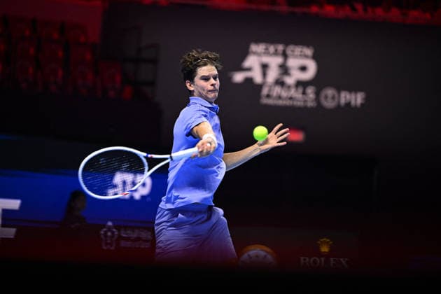 Next Gen ATP, Tennis Herren Finals Presented by PIF - Jeddah Alexander Blockx from Belgium during his first round match at the 2025 ATP NextGen Finals in Jeddah, SAOUDI, on December 17, 2025. Photo by Corinne Dubreuil ABACAPRESS.COM Jeddah Saudi Arabia  Copyright: xDubreuilxCorinne ABACAx