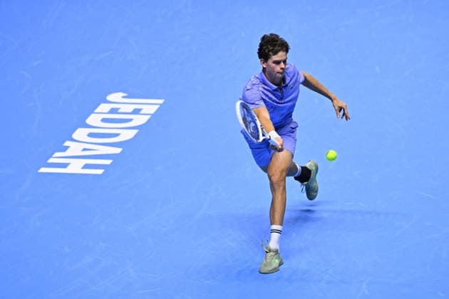 Next Gen ATP, Tennis Herren Finals Presented by PIF - Jeddah Alexander Blockx from Belgium during his second round match at the 2025 ATP NextGen Finals in Jeddah, SAOUDI, on December 18, 2025. Photo by Corinne Dubreuil ABACAPRESS.COM Jeddah Saudi Arabia  Copyright: xDubreuilxCorinne ABACAx