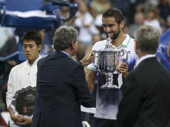 2014 US Open - Men s singles final NEW YORK, NY - SEPTEMBER 8 : Marin Cilic of Croatia (2nd R)and Kei Nishikori of Japan (L) pose with trophies after defeating after the men s singles final match on Day 15 of the 2014 US Open at the USTA Billie Jean King National Tennis Center in New York, United States on September 8, 2014. Bilgin Sasmaz Anadolu Agency New York United States. Editorial use only. Please get in touch for any other usage.  Copyright: x2025xAnadoluxBilginxS.xÅžaÅümazx