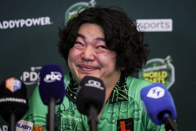 18th December 2025, Alexandra Palace, London, England; 2025 PDC Paddy Power World Darts Championship Day Eight; Motomu Sakai pulls funny faces when asked about his nickname, & x201c;Monster,& x201d; in the post-match press conference, PK, Pressekonferenz after winning his Round One match against Thibault Tricole  IanxStephen