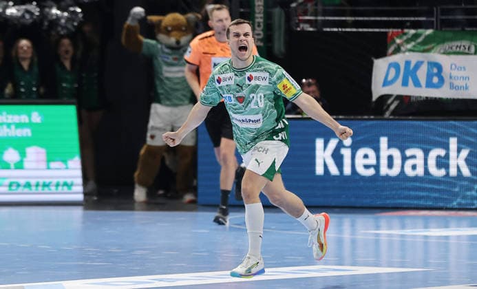 Tim Freihöfer jubelt Freude Emotion Jubel Handball DHB Pokal Viertelfinale Herren Saison 2025 2026 18.12.2025 Füchse Berlin vs THW Kiel