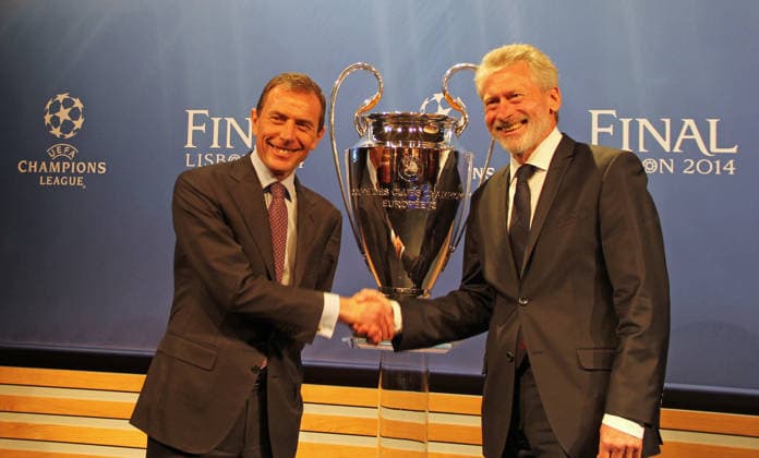 Draws for UEFA Champions League NYON, SWITZERLAND - APRIL 11: Paul Breitner (R) for Bayern Münich and Emilio Butragueno for Real Madrid shake hand as the draw resulted with Real Madrid playing against last season s UEFA Champions League winner Bayern Munich of Germany, Nyon, Swtizerland, April 11, 2014. Nyon Geneve. Editorial use only. Please get in touch for any other usage.  Copyright: x2025xAnadoluxFatihxErelx