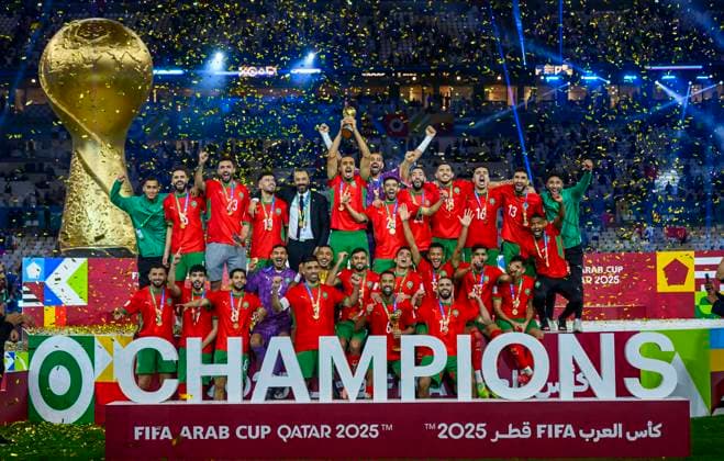 (251219) -- LUSAIL, Dec. 19, 2025 -- Players of Morocco celebrate with the trophy after winning the FIFA Arab Cup 2025 final match between Jordan and Morocco at Lusail Stadium in Lusail, Qatar, on Dec. 18, 2025. (Photo by Xinhua) (SP)QATAR-LUSAIL-FOOTBALL-FIFA ARAB CUP 2025-JORDAN VS MOROCCO Nikku 