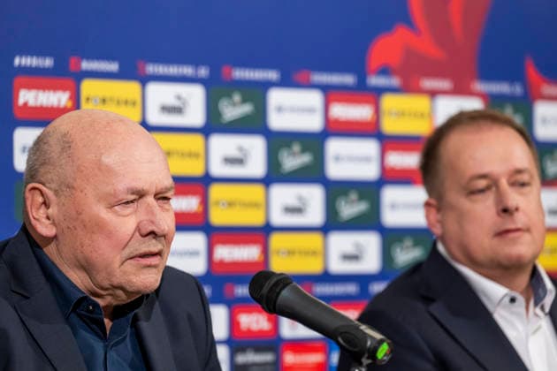 New head coach of the Czech national football team Miroslav Koubek (left) and president of the Football Association of the Czech Republic (FACR) David Trunda (right) give a press conference, PK, Pressekonferenz of the FACR, in Prague, Czech Republic, on December 19, 2025. (CTKxPhoto OndrejxDeml) CTKPhotoP2025121904879  CTKPhotoP2025121904879