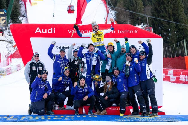 INVERNALI - Sci Alpino - 2026 Audi FIS Ski World Cup - Men s SuperG Jan Zabystran (CZE) and his team celebrating the victory during 2026 Audi FIS Ski World Cup - Men s SuperG, Alpine Ski race in Val Gardena, Italy, December 19 2025 Val Gardena Italy  Copyright: xIPAxSport ABACAx