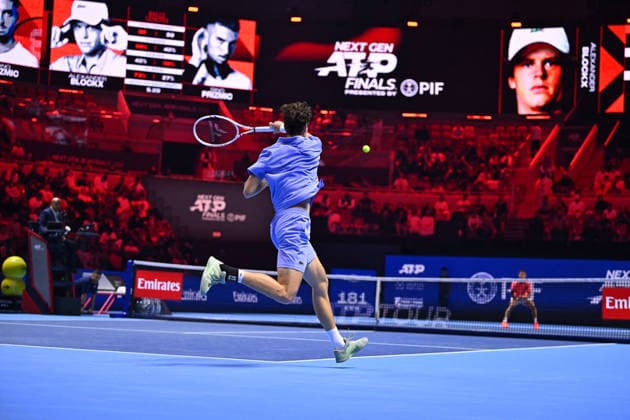 Next Gen ATP, Tennis Herren Finals Presented by PIF - Jeddah Alexander Blockx from Belgium during his third round match at the 2025 ATP NextGen Finals in Jeddah, SAOUDI, on December 19, 2025. Photo by Corinne Dubreuil ABACAPRESS.COM Jeddah Saudi Arabia  Copyright: xDubreuilxCorinne ABACAx