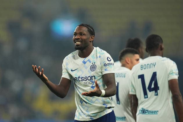 Inter Milan s Marcus Thuram celebrates after scoring fiirst goal for his team 0-1 during the EA Sports FC italian Supercup 2025 semifinal match between Bologna and Inter at Al-Awwal Park Stadium in Riyadh, Saudi Arabia - Soccer - Friday December 19, 2025  Copyright: xMassimoxPaolone LaPressex