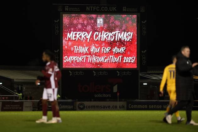 A Christmas message on the big screen in the stadium Merry Christmas, thank you for your support throughout 2025 Northampton Town v AFC Wimbledon, Sky Bet League One, Football, Sixfields Stadium, Northampton, UK - 19 Dec 2025Northampton Sixfields Stadium United Kingdom EDITORIAL USE ONLY No use with unauthorised audio, video, data, fixture lists, club league logos or live services. Online in-match use limited to 120 images, no video emulation. No use in betting, games or single club league player publications. Copyright: xCatxGoryn Shutterstockx 16142730ct