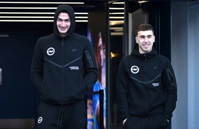 Diego Coppola and Brajan Gruda of Brighton arrive at the ground ahead of the Premier League match between Brighton and Hove Albion and Sunderland at the American Express Stadium, Brighton UK - Saturday 20th December 2025 Brighton v Sunderland Premier League Football, Amex Stadium, Sussex, UK - 20 Dec 2025Brighton Amex Stadium Sussex United Kingdom Editorial use only. No merchandising. For Football images FA and Premier League restrictions apply inc. no internet mobile usage without FAPL license - for details contact Football Dataco  Copyright: xLizxFinlayson TPI Shutterstockx 16159610c