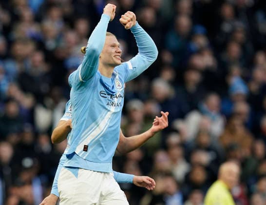 Manchester, England, 20th December 2025. Erling Haaland of Manchester City celebrates after scoring the opening goal during the Manchester City vs West Ham United Premier League match at the Etihad Stadium, Manchester. Picture credit should read: Andrew Yates Sportimage EDITORIAL USE ONLY. No use with unauthorised audio, video, data, fixture lists, club league logos or live services. Online in-match use limited to 120 images, no video emulation. No use in betting, games or single club league player publications. SPI_011_AY_MAN_CITY_WEST_HAM SPI-4385-0011