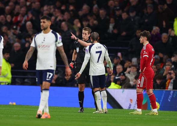 20th December 2025; Tottenham Hotspur Stadium, London, England; Premier League Football, Tottenham Hotspur versus Liverpool; Referee John Brooks gives a straight red card to Xavi Simons of Tottenham Hotspur  JohnxPatrickxFletcher