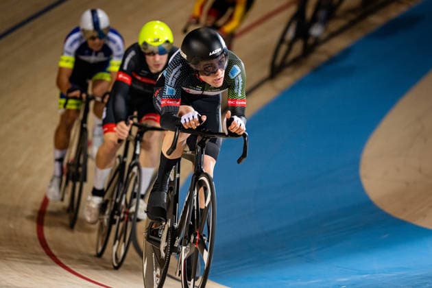 KAFFKA Louis Pepe: DM Omnium 2025 - Frankfurt Oder KAFFKA Louis Pepe ( GER ) RSC Cottbus Querformat - quer - horizontal - Landscape - Event Veranstaltung: DM Omnium 2025 - Deutsche Meisterschaft - Category Kategorie: Cycling - Track cycling, Rad, Radsport, Bahnrad, Bahn National Championship Omnium - Men U19 Juniors - Location Ort: Europe Germany - Brandenburg - Märkisch Oderland - Frankfurt Oder - Oderlandhalle - Discipline: Omnium Scratch 1. Race - Distance: 7,5 km - Date Datum: 20.12.2025 Saturday Day 2 -
