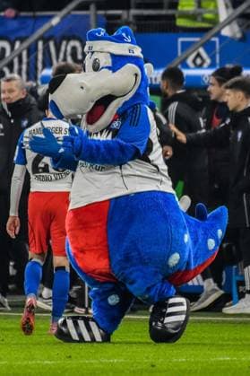 Schlussjubel Maskottchen Dino Hermann ( HSV ) Deutschland , Hamburg , Volksparkstadion , Fussball , 1. Bundesliga , Hamburger SV - Eintracht Frankfurt