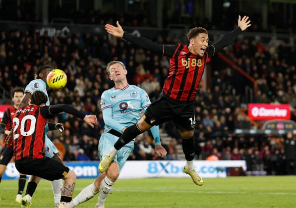 20th December 2025, Bournemouth, Dorset, England; Premier League Football, AFC Bournemouth versus Burnley; Zian Flemming of Burnley push away Marcus Tavernier of Bournemouth for a header  HongboxChen