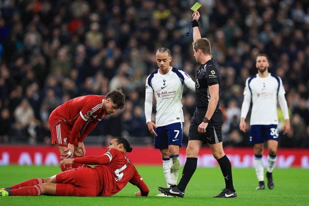 Tottenham Hotspur v Liverpool Premier League 20 12 2025. Yellow Card shown by Match Referee John Brooks to Tottenham Hotspur Midfielder Xavi Simons (7) during the Premier League match between Tottenham Hotspur and Liverpool at Tottenham Hotspur Stadium, London, United Kingdom on 20 December 2025. Editorial use only DataCo restrictions apply See www.football-dataco.com , Copyright: xChrisxFoxwellx PSI-23445-0072