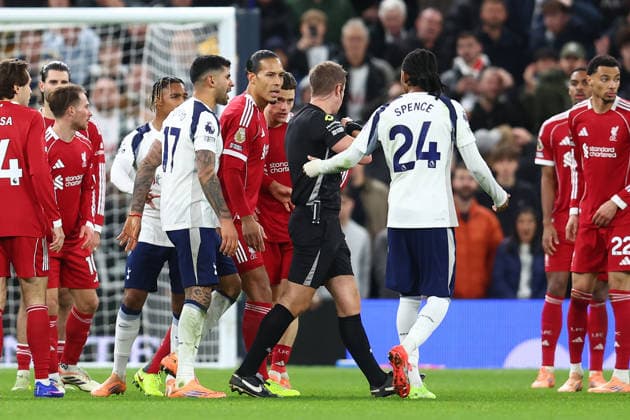 London, England, 20th December 2025. Cristian Romero of Tottenham Hotspur reacts after being shown off during the Tottenham Hotspur vs Liverpool Premier League match at the Tottenham Hotspur Stadium, London. Picture credit should read: Paul Terry Sportimage EDITORIAL USE ONLY. No use with unauthorised audio, video, data, fixture lists, club league logos or live services. Online in-match use limited to 120 images, no video emulation. No use in betting, games or single club league player publications. SPI_044_PT_Tottenham_Liverpool SPI-4387-0044