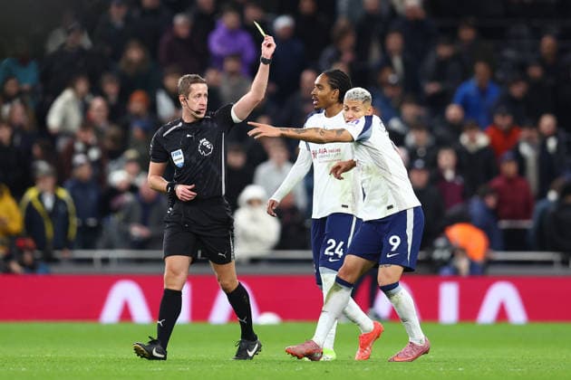 London, England, 20th December 2025. Richarlison of Tottenham Hotspur is shown a yellow card at the end of the Tottenham Hotspur vs Liverpool Premier League match at the Tottenham Hotspur Stadium, London. Picture credit should read: Paul Terry Sportimage EDITORIAL USE ONLY. No use with unauthorised audio, video, data, fixture lists, club league logos or live services. Online in-match use limited to 120 images, no video emulation. No use in betting, games or single club league player publications. SPI_049_PT_Tottenham_Liverpool SPI-4387-0049