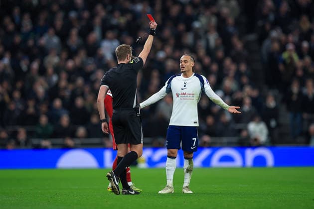 Tottenham Hotspur v Liverpool Premier League 20 12 2025. VAR Red Card shown by Match Referee John Brooks to Tottenham Hotspur Midfielder Xavi Simons (7) during the Premier League match between Tottenham Hotspur and Liverpool at Tottenham Hotspur Stadium, London, United Kingdom on 20 December 2025. Editorial use only DataCo restrictions apply See www.football-dataco.com , Copyright: xChrisxFoxwellx PSI-23445-0100