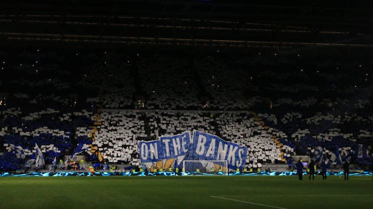 20th December 2025; Hill Dickinson Stadium, Liverpool, England; Premier League Football, Everton versus Arsenal; Everton fans in the South Stand display a giant tifo before the kick off  DavidxBlunsden