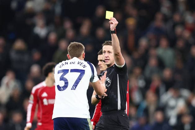 London, England, 20th December 2025. Micky van de Ven of Tottenham Hotspur is shown a yellow card during the Tottenham Hotspur vs Liverpool Premier League match at the Tottenham Hotspur Stadium, London. Picture credit should read: Paul Terry Sportimage EDITORIAL USE ONLY. No use with unauthorised audio, video, data, fixture lists, club league logos or live services. Online in-match use limited to 120 images, no video emulation. No use in betting, games or single club league player publications. SPI_059_PT_Tottenham_Liverpool SPI-4387-0059