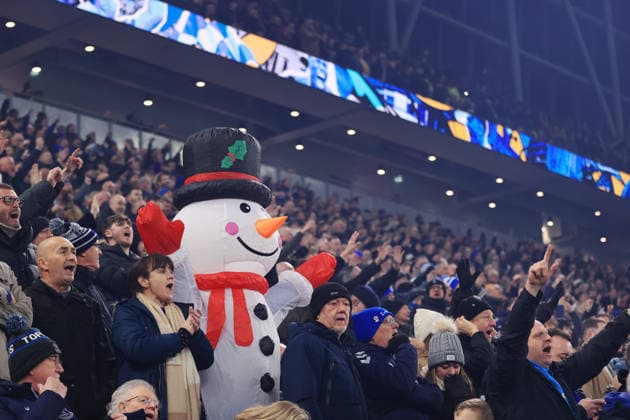 Football - Premier League - Everton v Arsenal 20th December 2025 - Premier League - Everton v Arsenal - A fan dressed in a snowman costume looks on - Photo: Simon Stacpoole Offside. Liverpool UK Copyright: xSimonxStacpoolexOffside