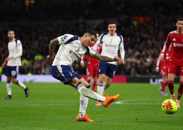 20th December 2025; Tottenham Hotspur Stadium, London, England; Premier League Football, Tottenham Hotspur versus Liverpool; Pedro Porro of Tottenham Hotspur taking a shot  JohnxPatrickxFletcher