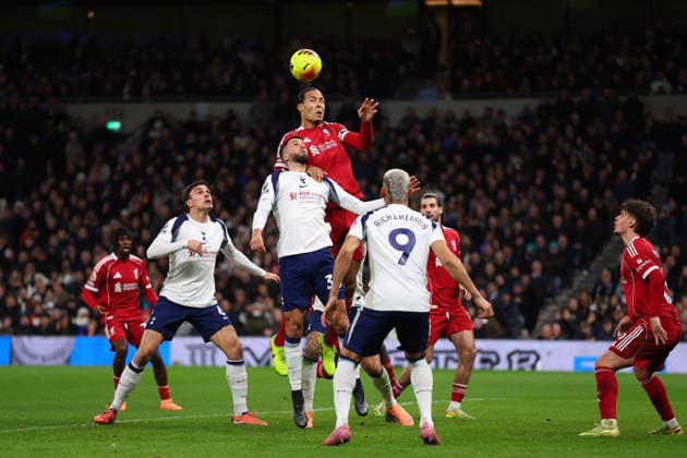 20th December 2025; Tottenham Hotspur Stadium, London, England; Premier League Football, Tottenham Hotspur versus Liverpool; Virgil van Dijk of Liverpool heads the ball over Rodrigo Bentancur of Tottenham Hotspur  JohnxPatrickxFletcher