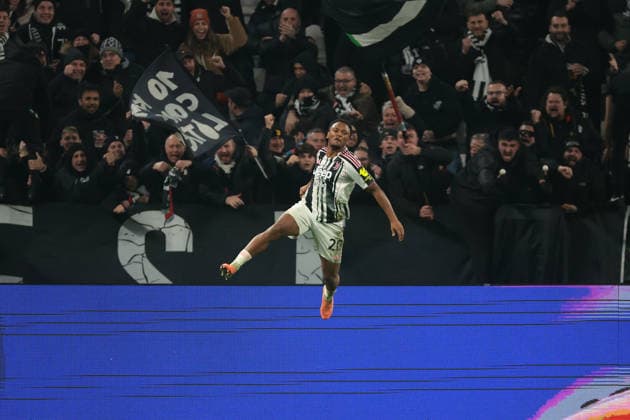 Turin, Italy, 20th December 2025. Lois Openda of Juventus celebrates after scoring to give the hosts a 2-0 lead during the Juventus vs AS Roma Serie A match at Allianz Stadium, Turin. Picture credit should read: Jonathan Moscrop Sportimage EDITORIAL USE ONLY. No use with unauthorised audio, video, data, fixture lists, club league logos or live services. Online in-match use limited to 120 images, no video emulation. No use in betting, games or single club league player publications. SPI_032_JM_JUVE_ROMA SPI-4365-0032