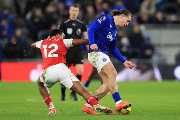 20th December 2025; Hill Dickinson Stadium, Liverpool, England; Premier League Football, Everton versus Arsenal; Jurrien Timber of Arsenal is shown a yellow card for a late tackle on Jack Grealish of Everton  DavidxBlunsden