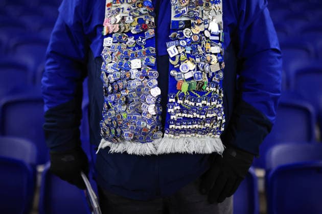 Football - Premier League - Everton v Arsenal 20th December 2025 - Premier League - Everton v Arsenal - An Everton fan reveals his scarf adorned with souvenir pins and badges - Photo: Simon Stacpoole Offside. Liverpool UK Copyright: xSimonxStacpoolexOffside