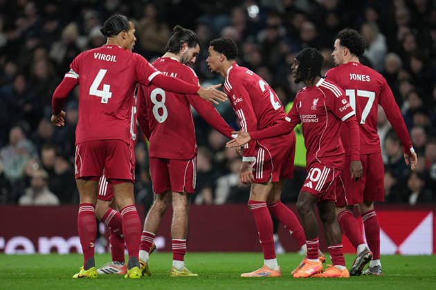 Premier League Tottenham Hotspur v Liverpool Liverpool players celebrate Hugo Ekitike of Liverpool goal during the Premier League match Tottenham Hotspur vs Liverpool at Tottenham Hotspur Stadium, London, United Kingdom, 20th December 2025 (Photo by Harvey Murphy News Images) Copyright: xHarveyxMurphy NewsxImagesx