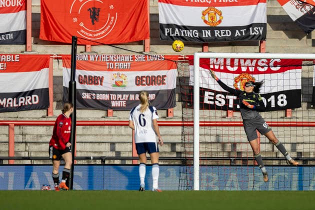 21st December 2025; Leigh Sports Village, Manchester, England; Womens League Cup Football Quarter Final, Manchester United, ManU versus Tottenham Hotspur; Goalkeeper Phallon Tullis-Joyce of Manchester United Women makes a save  TimxWilliams