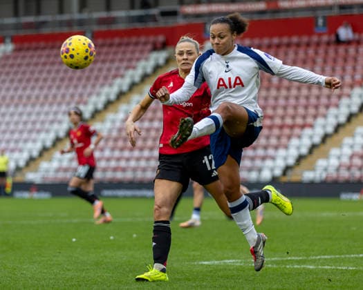 21st December 2025; Leigh Sports Village, Manchester, England; Womens League Cup Football Quarter Final, Manchester United, ManU versus Tottenham Hotspur; Drew Spence of Tottenham Hotspur Women clears the ball  TimxWilliams