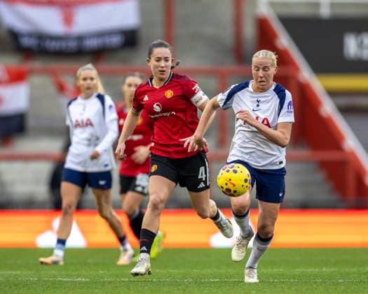 21st December 2025; Leigh Sports Village, Manchester, England; Womens League Cup Football Quarter Final, Manchester United, ManU versus Tottenham Hotspur; Eveliina Summanen of Tottenham Hotspur Women and Maya Le Tissier of Manchester United Women chase a loose ball  TimxWilliams