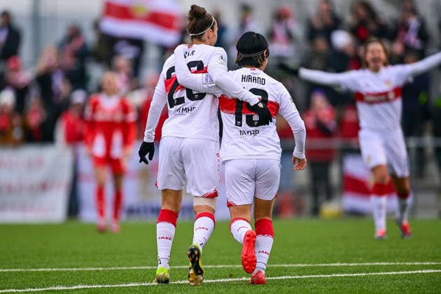 v.li.: Nicole Billa (Stuttgart, 26) Yuka Hirano (Stuttgart, 19) mit Torjubel, Jubel, Torjubel, Torerfolg, celebrate the goal, goal, celebration, Jubel ueber das Tor zum 0:1 durch Nicole Billa (Stuttgart, 26), optimistisch, Action, Aktion, 21.12.2025, München (Deutschland), Fussball,2. Frauen-Bundesliga, FC Bayern München II - VfB Stuttgart, DFB DFL REGULATIONS PROHIBIT ANY USE OF PHOTOGRAPHS AS IMAGE SEQUENCES AND OR QUASI-VIDEO.