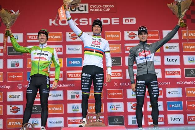Belgian Laurens Sweeck, Dutch Mathieu Van Der Poel and Belgian Niels Vandeputte pictured on the podium after the men s elite race of the 6th stage (out of 12) of the world cup cyclocross, in Koksijde Sunday 21 December 2025. DAVIDxPINTENS  x150556967x