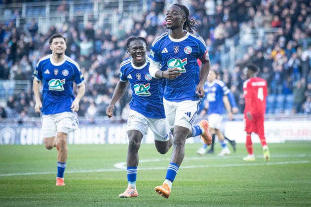 FOOTBALL : Racing de Strasbourg (RCS) vs Dunkerque- Coupe de France - 32e de finale - 21 12 2025 Stade de la Meinau. Strasbourg - France Joie des joueurs de l equipe de Racing Strasbourg apres le but de IsmaÃ«l DoukourÃ (RCS)  Copyright: xElyxandroxCEGARRAx